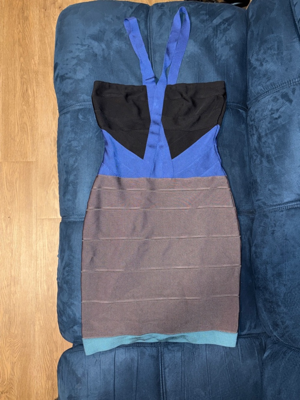Herve Leger Black and Blue Colorblock Halter Mini Dress